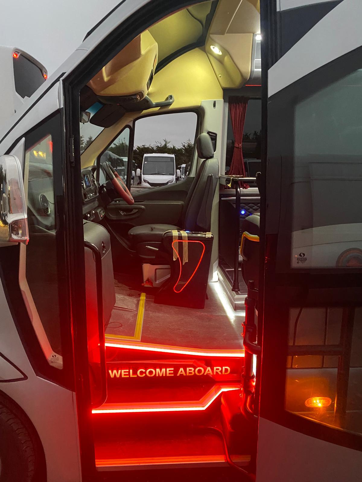 Illuminated ‘Welcome Aboard’ entry step on Sky Coaches vehicle