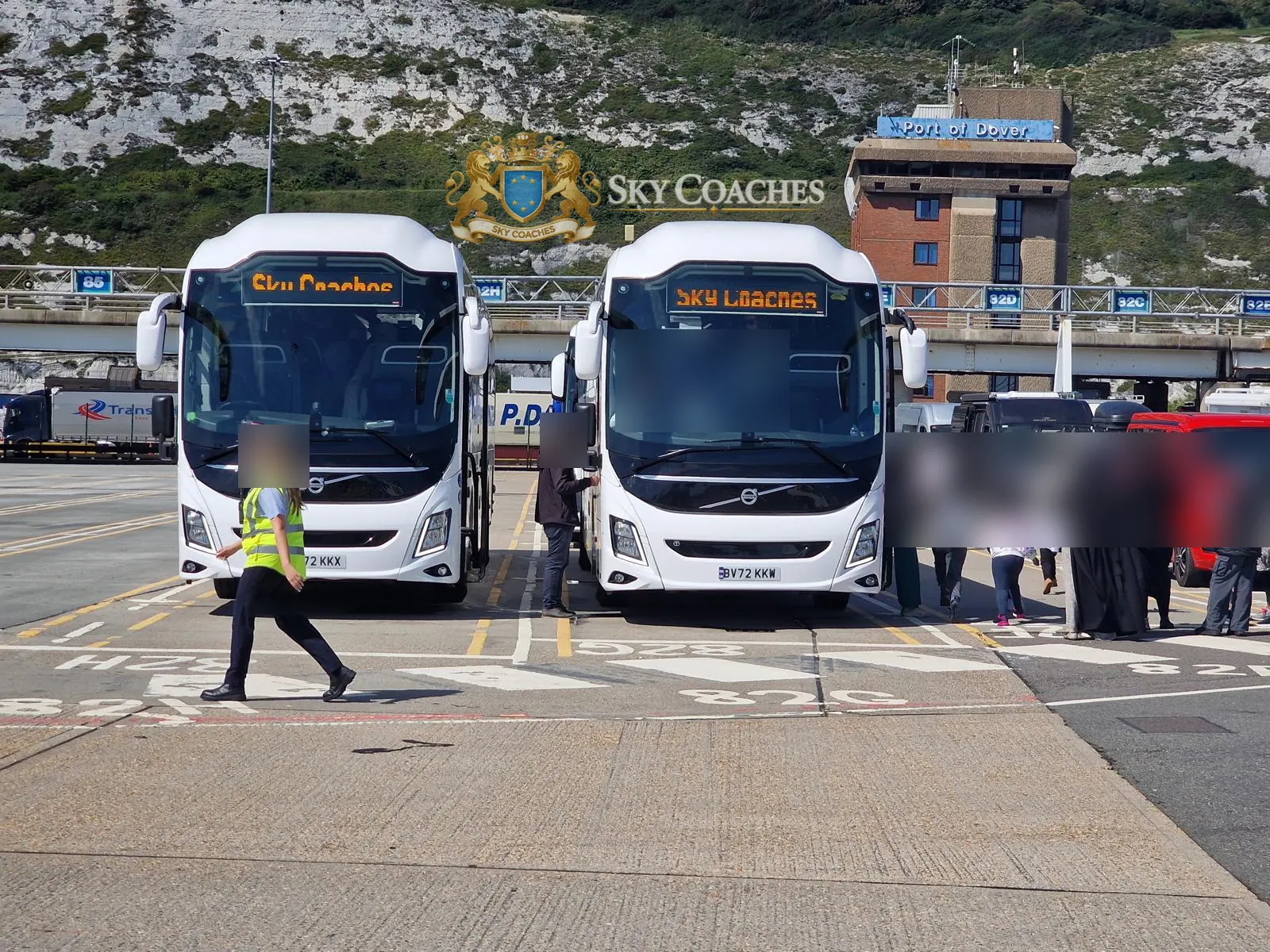 Two Sky Coaches Volvo coaches at the Port of Dover