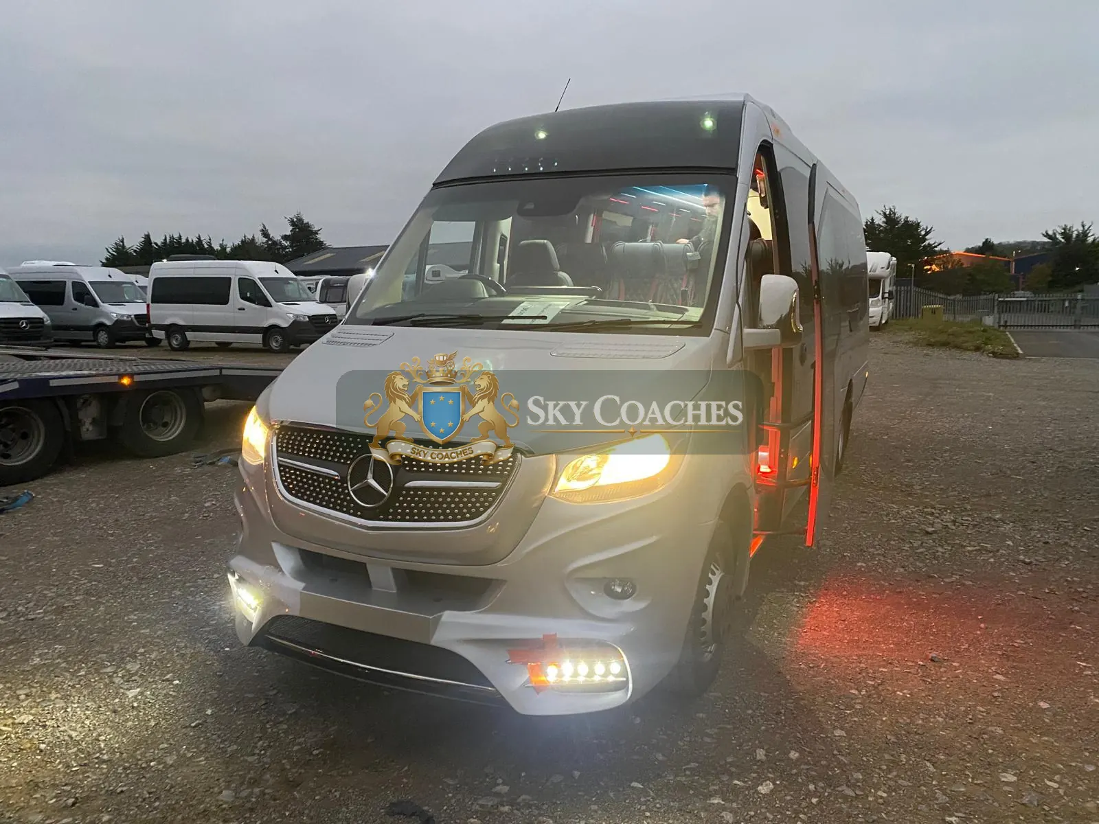 Silver Mercedes-Benz Sprinter — front view with LED lights