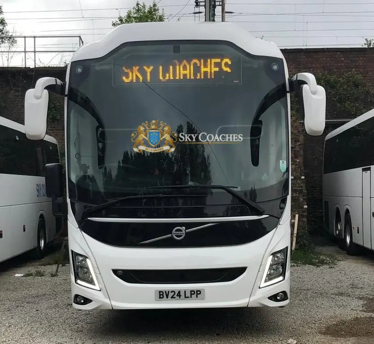 Front view of a Sky Coaches Volvo coach with destination display