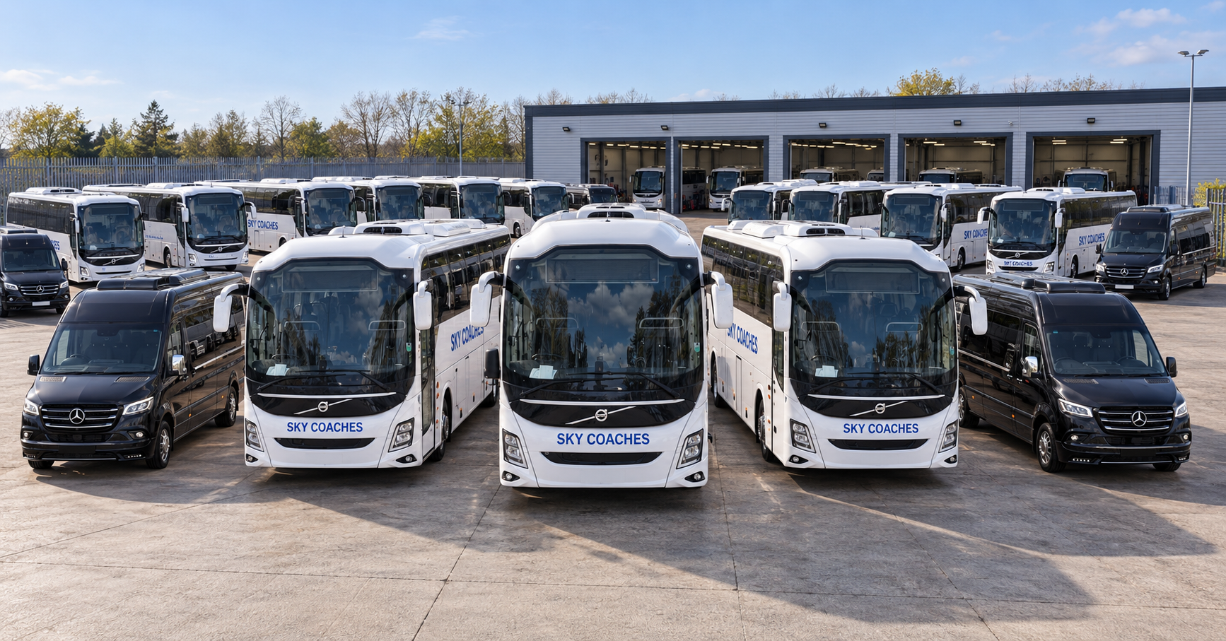 Sky Coaches fleet yard with coaches and minibuses