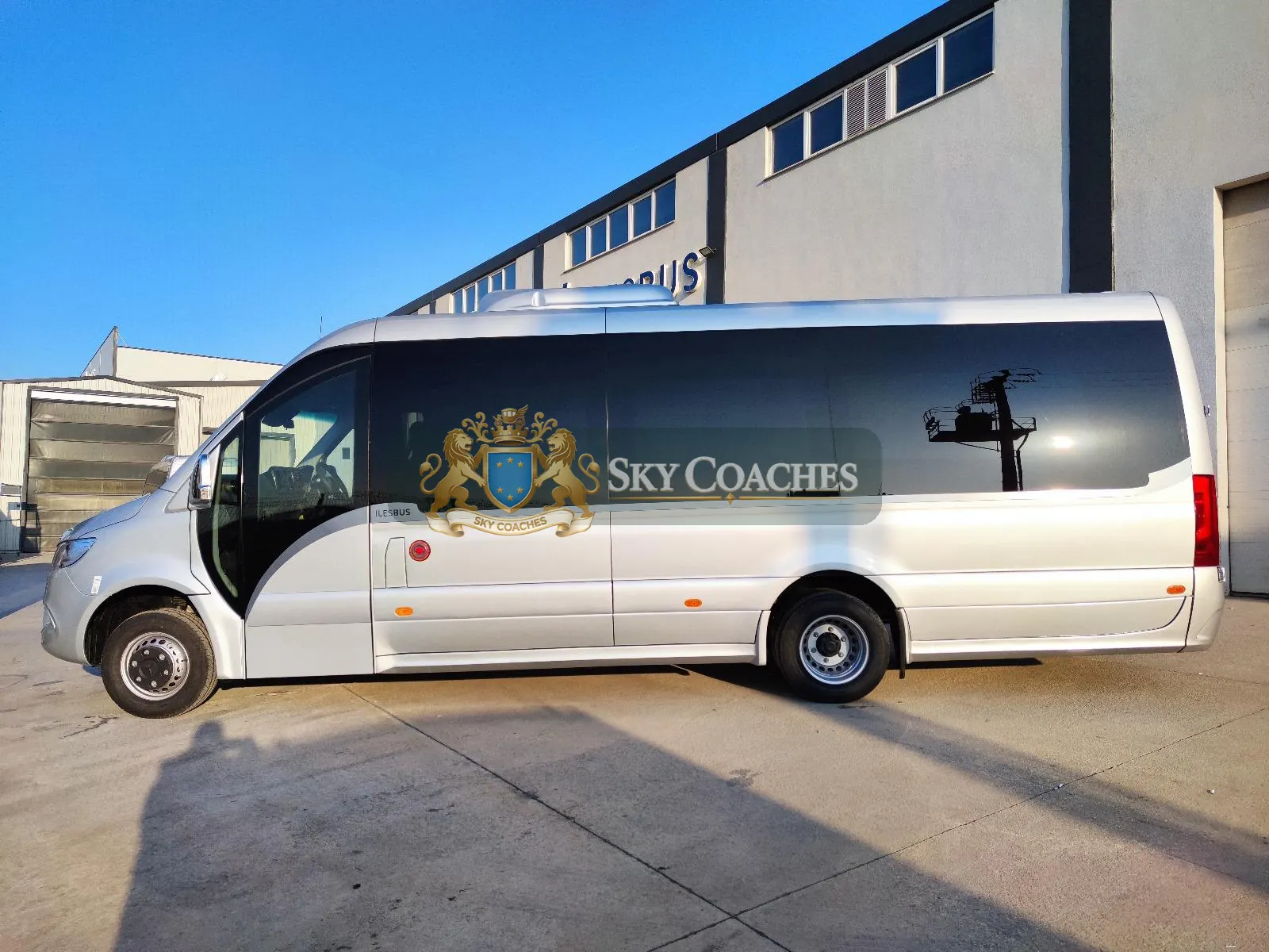 Silver Mercedes-Benz Sprinter luxury minicoach — exterior