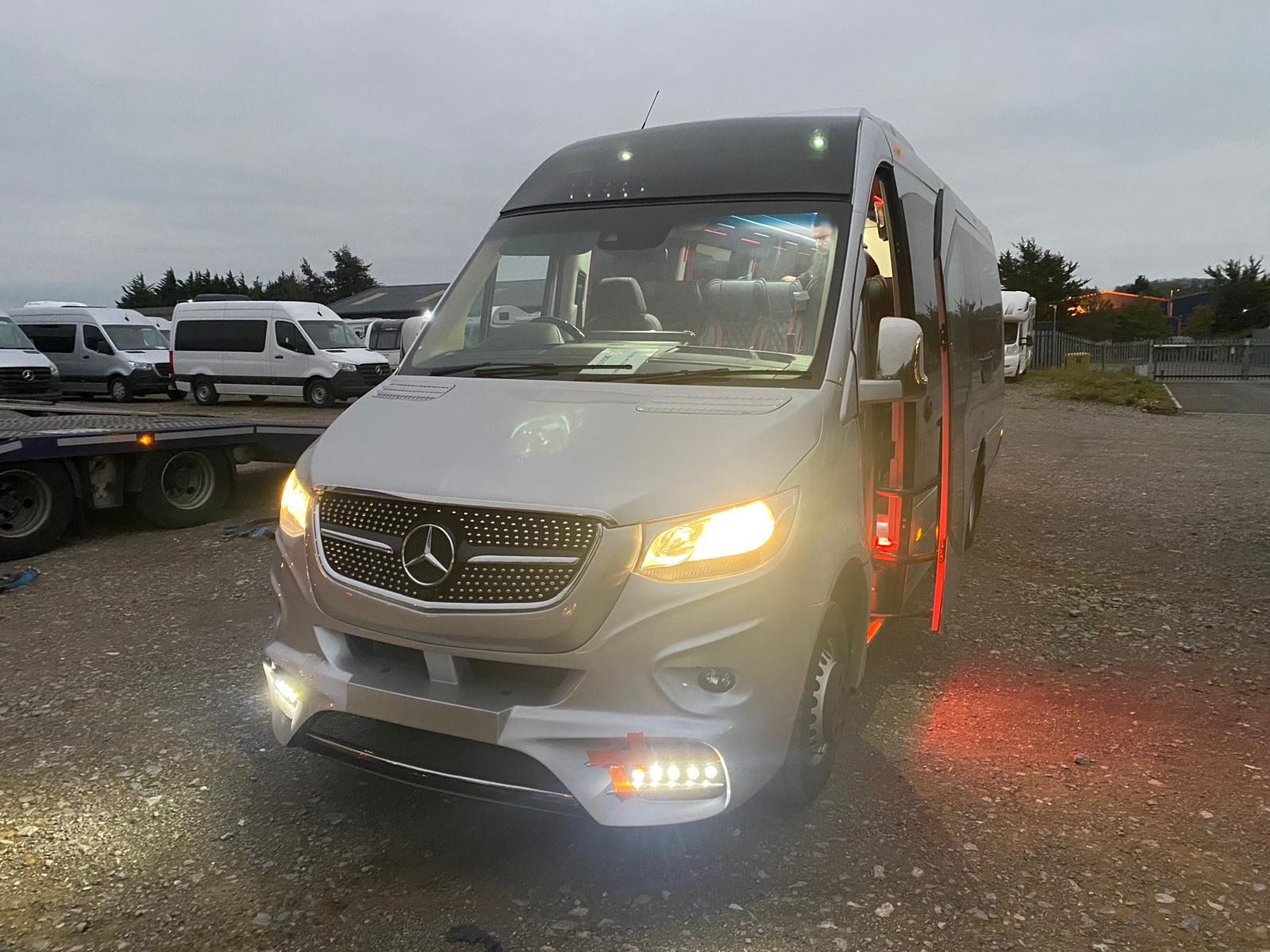Silver Mercedes-Benz Sprinter — front view with LED lights