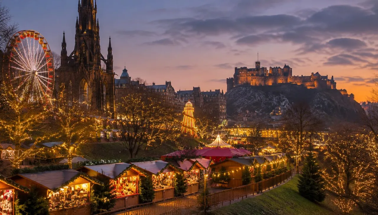 Edinburgh Christmas Market stalls beneath the Scott Monument and Edinburgh Castle