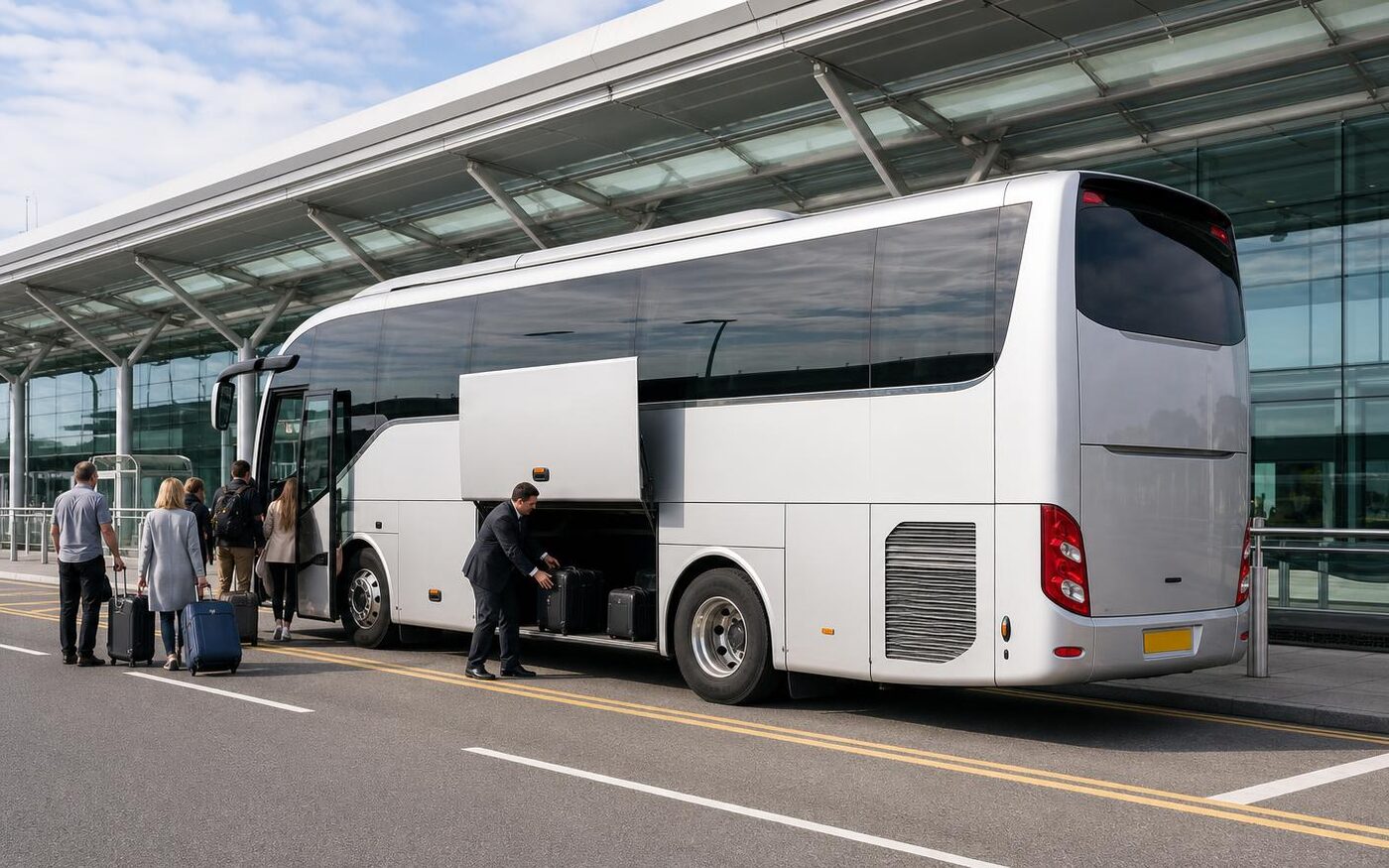 Luxury UK coach at an airport group passenger terminal
