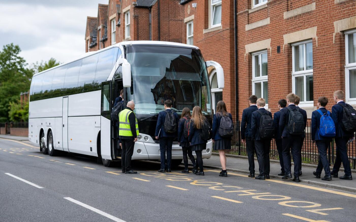 Students safely boarding a modern UK coach from the pavement